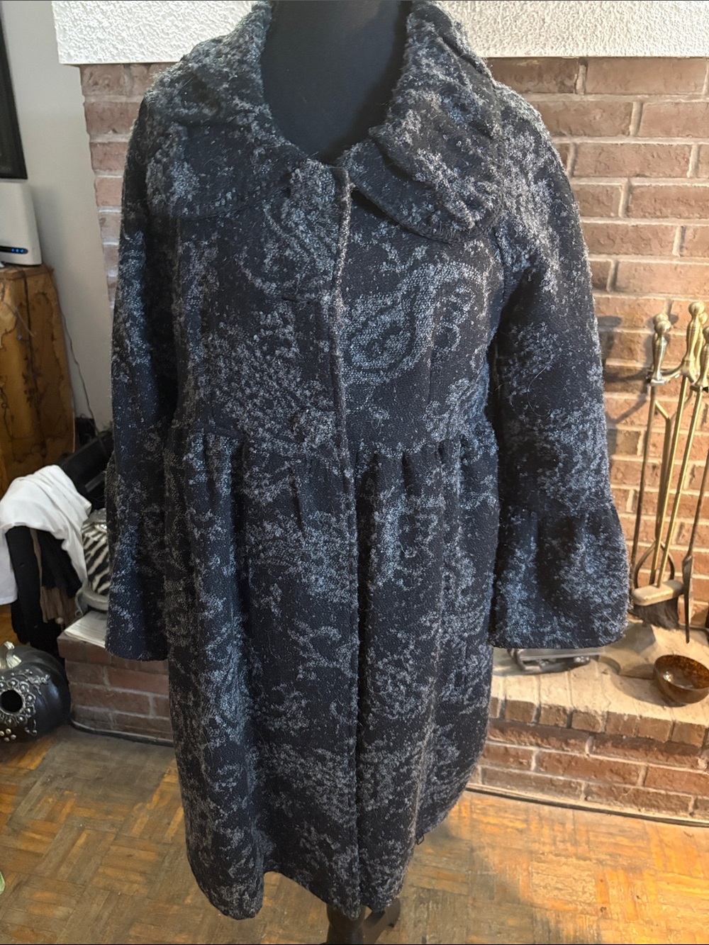 Maxime Black and Gray Textured Wool-Blend Pea Coat